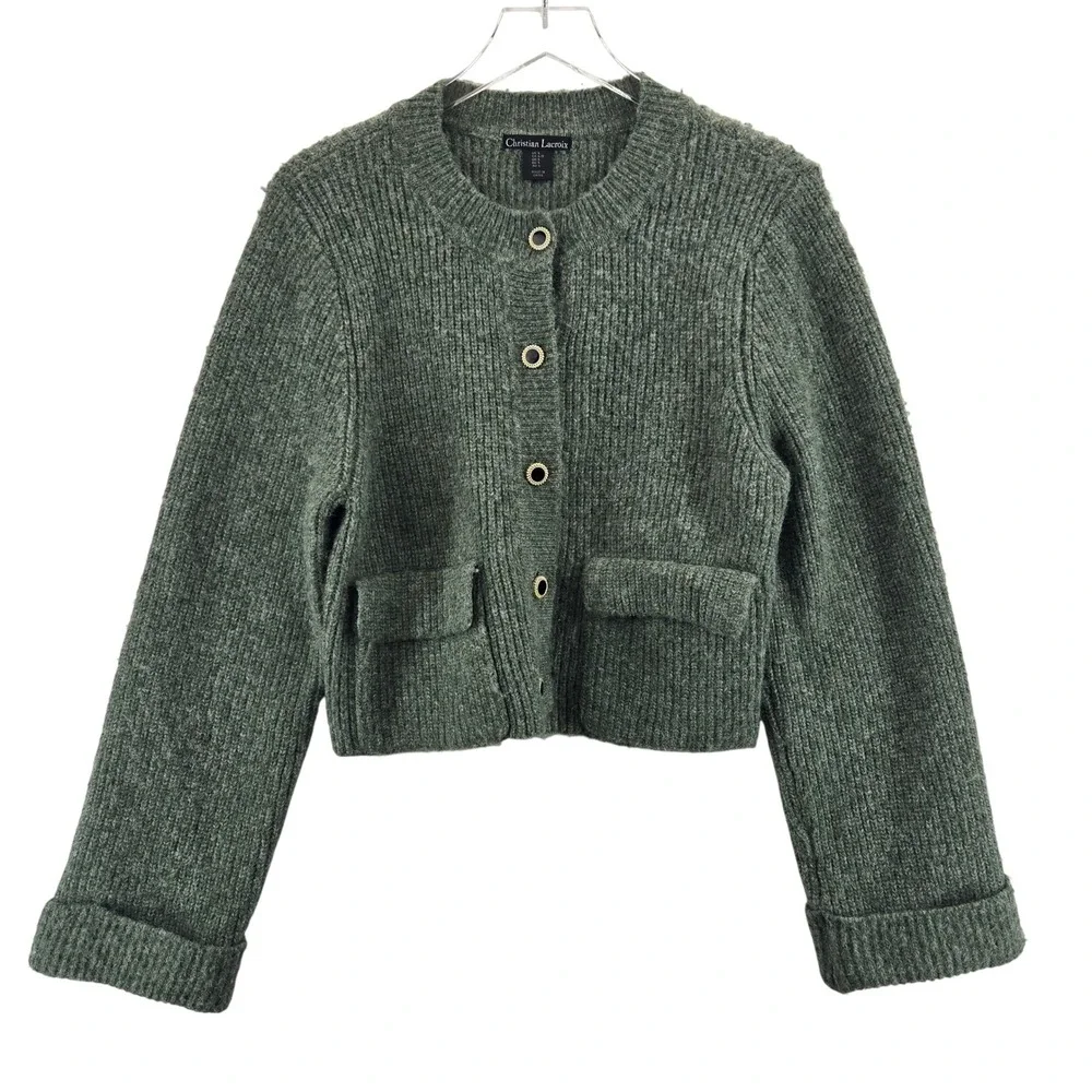 Christian Lacroix Womens Sage Green Ribbed Knit Cropped Cardigan‎ Sweater Large
